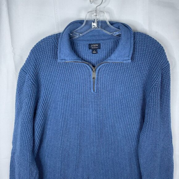 J. Crew Men's Sweater Waffle Knit 1/4 Zip Large Pullover Blue Cotton Casual Warm - Picture 5 of 8